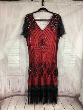Fundaisy Red Black Fringe Flapper Dress Size XXL